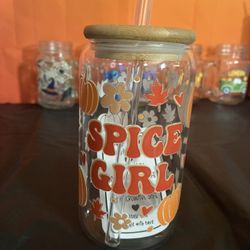 Fall Spice Girl Glass Cup With Lid And Straw