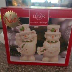 Vintage LENOX American Winter Christmas Happy Holly Days Snowman Salt & Pepper Shakers