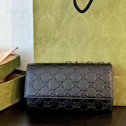 Gucci Signature Guccissima Black Clutch Fold Over Wallet Leather 
