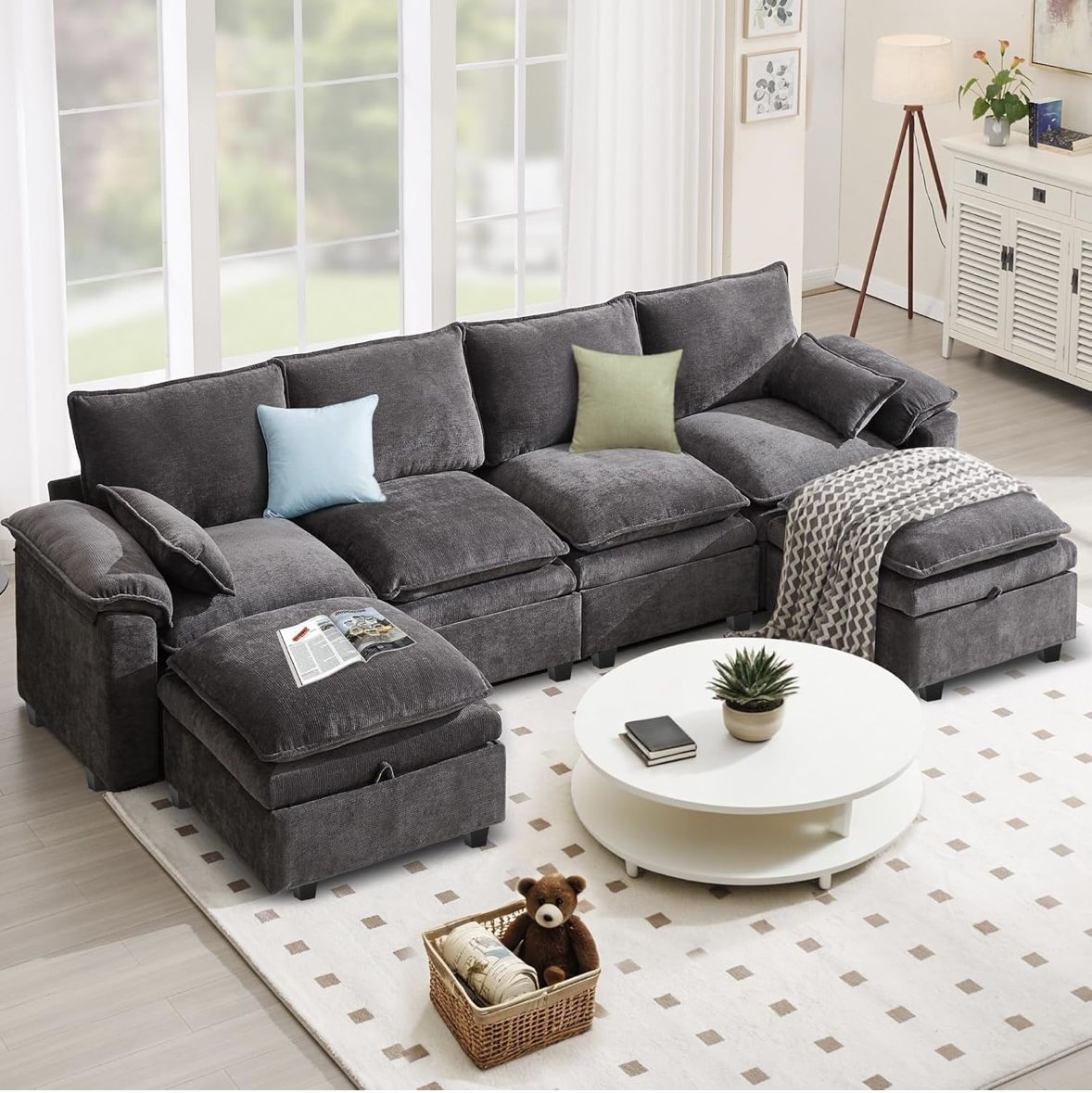 Modular Sectional Sofa U-Shaped, Chenille Fabric Small Space Couch, 129", Grey, 6 Seats