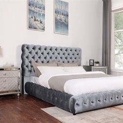 GLAM SILVER GRAY VELVET TUFTED-FRAME-CAMA