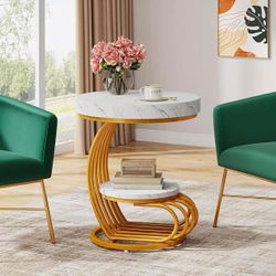 Round End Table, 2-Tier Modern Wood Side Table with Shelf Storage, Faux Marble Sofa Side Bedside Nightstand, Arc-Shaped Frame Accent, Gold & White