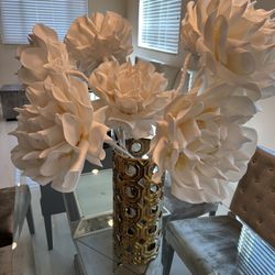 Z- Gallerie Decorative Gold Vase With White Artificial Flowers 