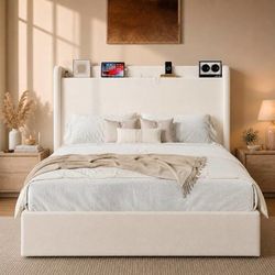 Queen Bed Frame with Chenille Storage Headboard and USB, White Chenille Upholstered Platform Bed, Wingback Storage Headboard shelf and Charging Statio