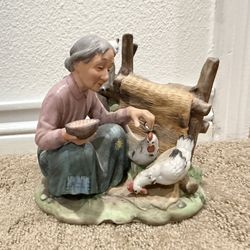 Vintage Lefton Old Women Figurine Bisque Porcelain farm With chickens 407