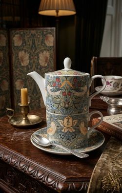 Spode Arts & Crafts Collection: William Morris "Strawberry Thief" Porcelain Tea-for-One Stacking Teapot, Cup, and Saucer Trio