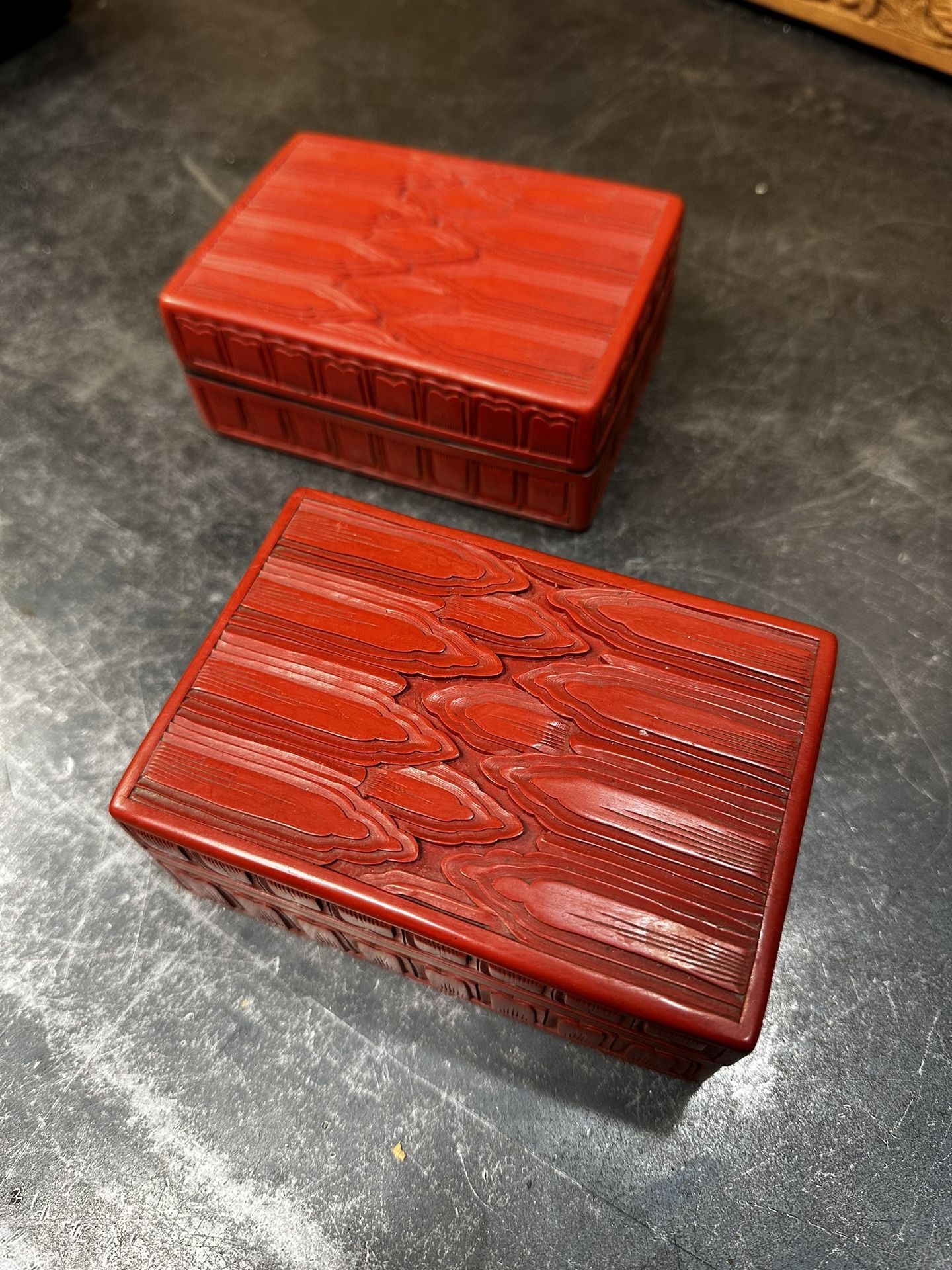 Pair Of Chinese Republic Cinnabar Carved Lacquer Cloud Pattern Boxes Wood Core