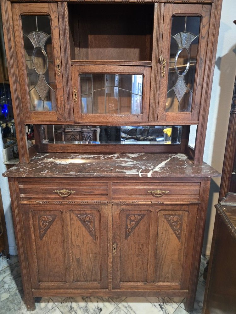 Nice Woiden Antique China Cabinet With Marble Top And Stained Glass