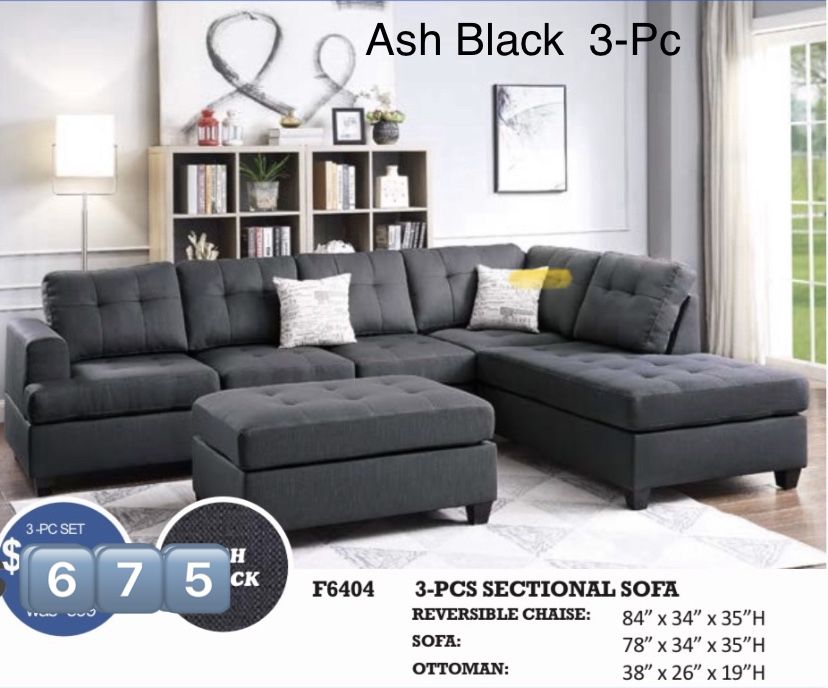 Sectional Ash Black 3-pc Reversible Sectional Sofa Set  