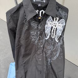 Victorious Urban Couture Black Graphic Button-Up Shirt L Embroidered