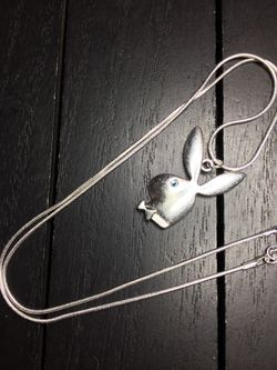 18”, 20” or 22” Baby Blue Swarovski Glass Crystal Eye/ Silver Plated Necklace with Playboy Bunny Pendant