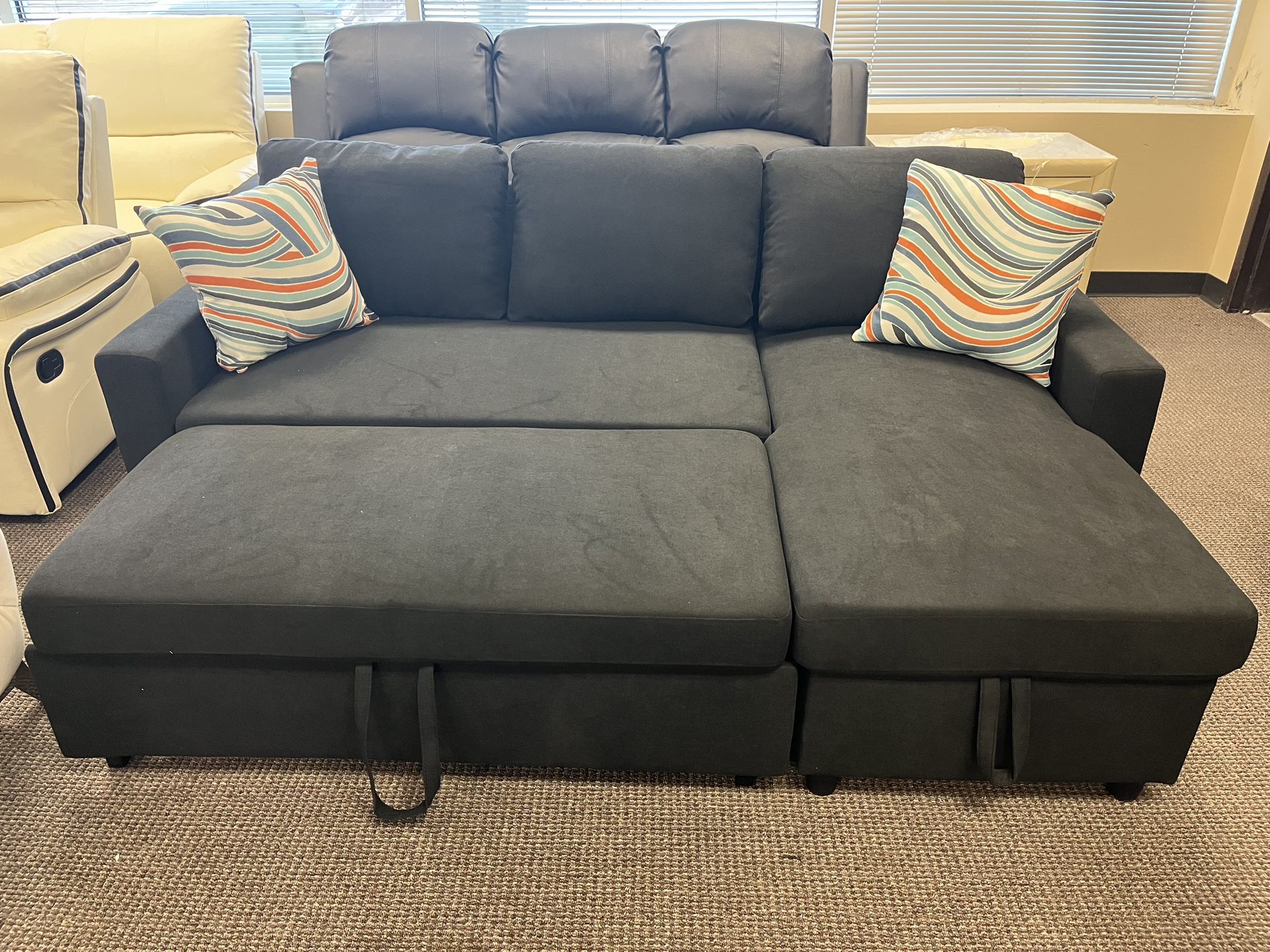 New Black Sofa Bed Sectional Reversible Sleeper Couch Include Storage Chaise And 2 Pillows 