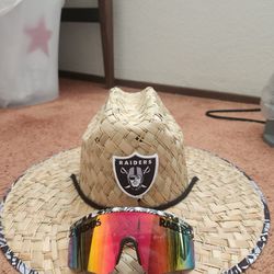 Rare straw hat, sunglasses, gloves, Beannie Raiders