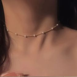 Pretty Gold Tone Mini Pearl Choker Necklace 