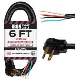 Iron Forge Cable 4 Prong Range Cord, 6 Ft - NEMA 14-50, Open End  6/8 AWG STW Cable, NEMA 14-50 Plug, 50 Amp, Open End - For Ranges & Ovens , New