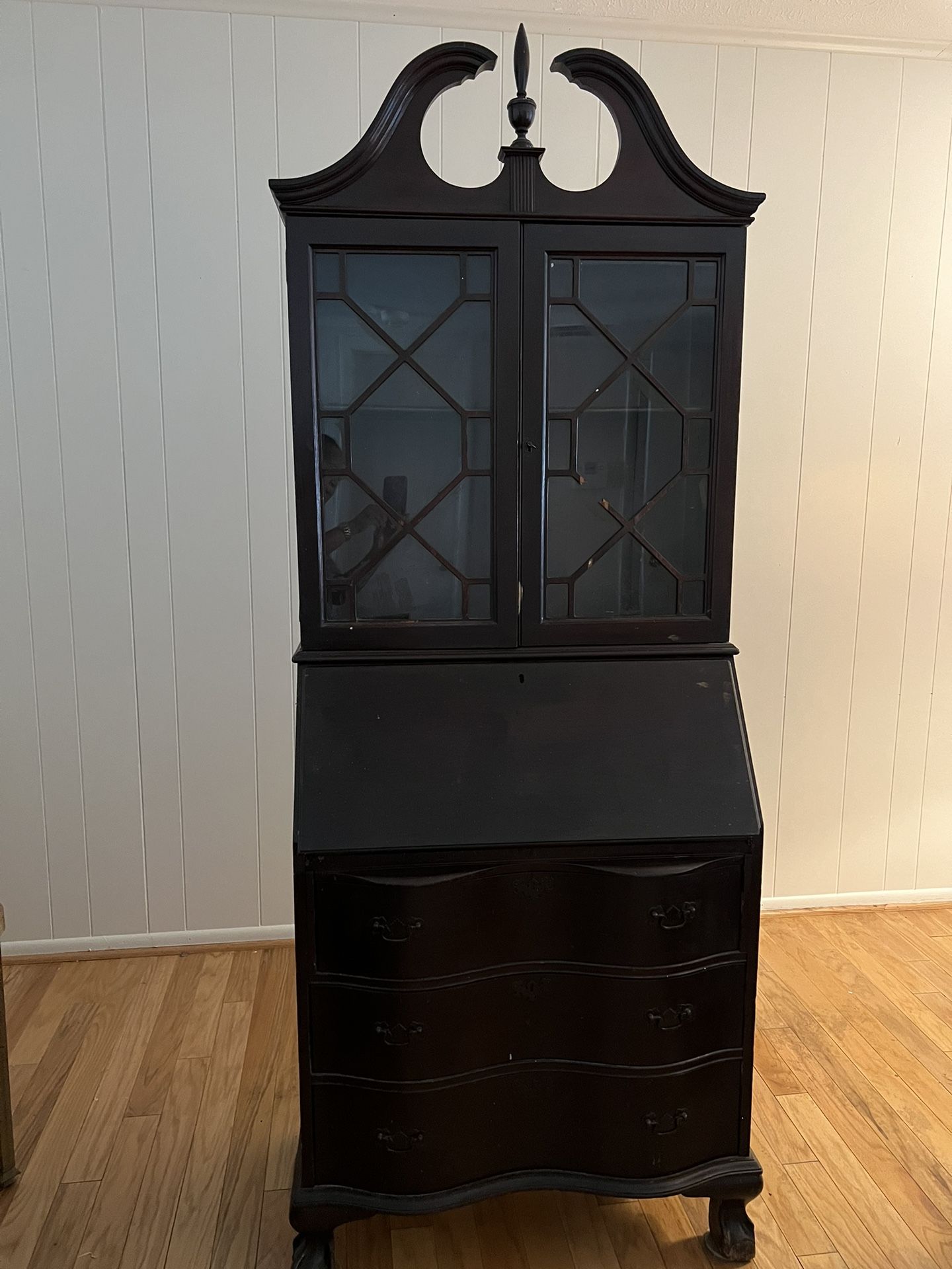 Antique Mahogany Ball and Claw Feet Tall Secretary Desk