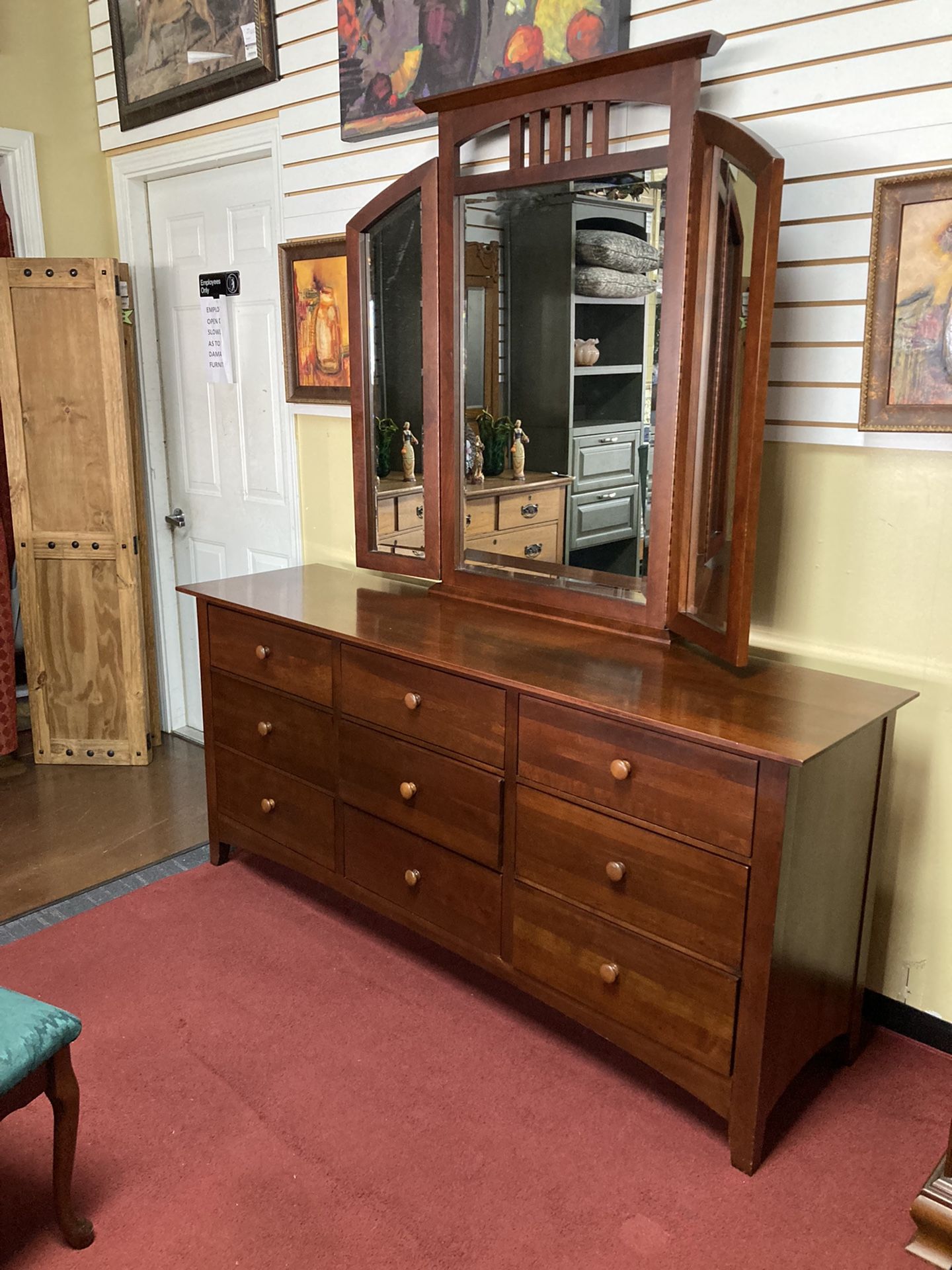 Gathering House Kincaid Cherry Triple Dresser W/ Trifold Mirror