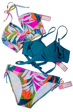 XHILARATION 3 PIECE TROPICAL BIKINI BOTTOM WITH LACE UP HALTER TOP AND TEAL WRAP BRALETTE SWIMSUIT SET