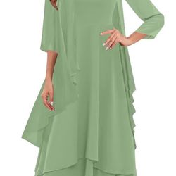 2 Piece Mother of The Bride Dress Chiffon 3/4 Sleeve, Tiered, Ankle Length A-Line
