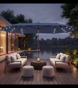 15Ft Outdoor Double-Sided Patio Umbrella with Base And 48 Solar LED Lights Lit, 10 Hours of Lighting, Large Patio Umbrella with Crank Handle, Market T