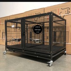 Dog Cage Kennel Size 43” With Divider Plastic Floor Trays  And Feeding Bowls New In Box 