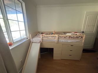 Kids Twin Low Loft Bed Frame with Built-In Storage Drawers