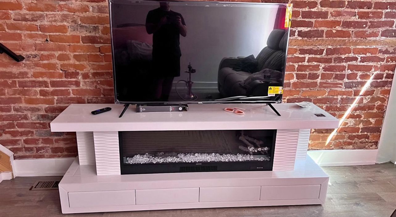 Freestanding High-Gloss White MDF Electric Fireplace TV Stand and coffee table