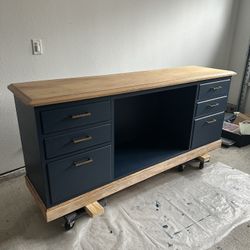 Professionally Refinished Solid Cherry Wood 72” Storage Credenza – Dark Navy