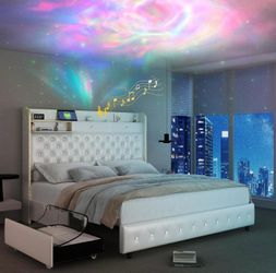 Open box-King Led Bed Frame with Galaxy Aurora Star Projector, King Size Platform Bed with 2 Storage Drawers, 52" Diamond Upholstered Headboard with C