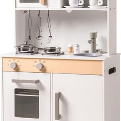 Play Kitchen for Kids Wooden Chef Pretend Play Kitchen Playset with Sounds Food Cookware Accessories Set for Boys Girl Birthday Gifts White 