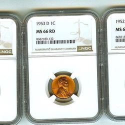 1952-D 1953-D 1954-D Cent NGC MS66 RD