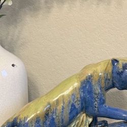Large Blue and Green Ceramic Panther Sculpture
