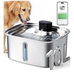 Smart Dog Water Bowl Dispenser Large, 10L/ 2.64Gal Cordless Dog Water Fountain Stainless Steel with APP Monitoring, 4000mah Automatic Cat Water Founta