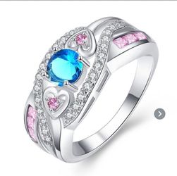 Exquisite double heart rainbows, blue and pink ring Size 6