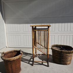 Vintage Plant Stand Bamboo & Wicker Baskets