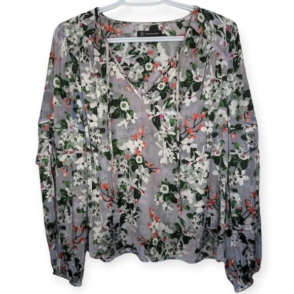 INC International Concepts Tie V Neck Grey Floral Textured Blouse