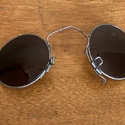 Antique VTG Clip On Wire Rimmed Sunglasses Steam Punk Round Brown Glass