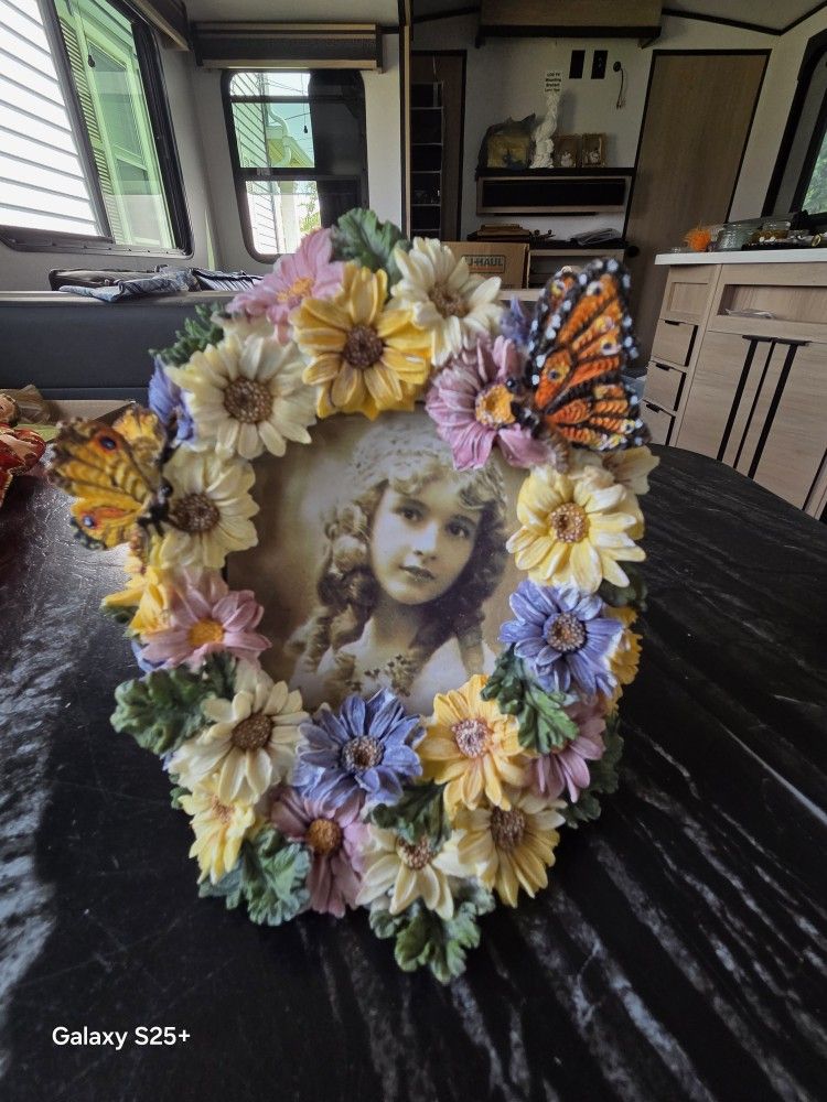 1980s Resin Floral BUTTERFLY Picture Frame novelty retro housewares gift daisy garden 3D frame 5x5
