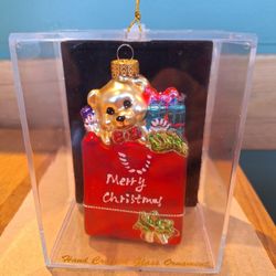 Vintage Unique Treasures Bear In Bag Hand Crafted  Glass Christmas Ornament