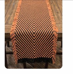 Halloween Table Runner Orange Black Chevron Tufted Fringe 16x80 New