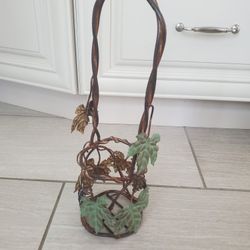 Metal Tall Wire Basket or Wine Bottle Holder Adorned With Grape Vine