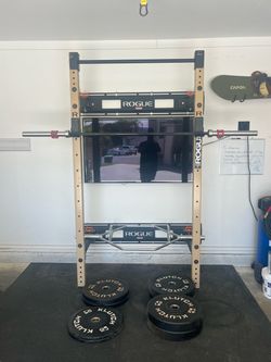 Rogue Monster Lite Squat Rack + Klutch Barbell & 230lb Plate Set + Hex Bar