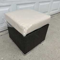 Medium Brown Wicker Outdoor Ottoman with Beige Cushion