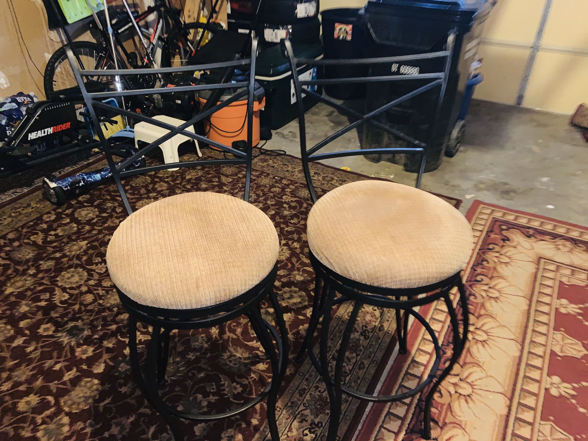 2 rotating bar stools 30” high metal and fabric in excellent condition!!