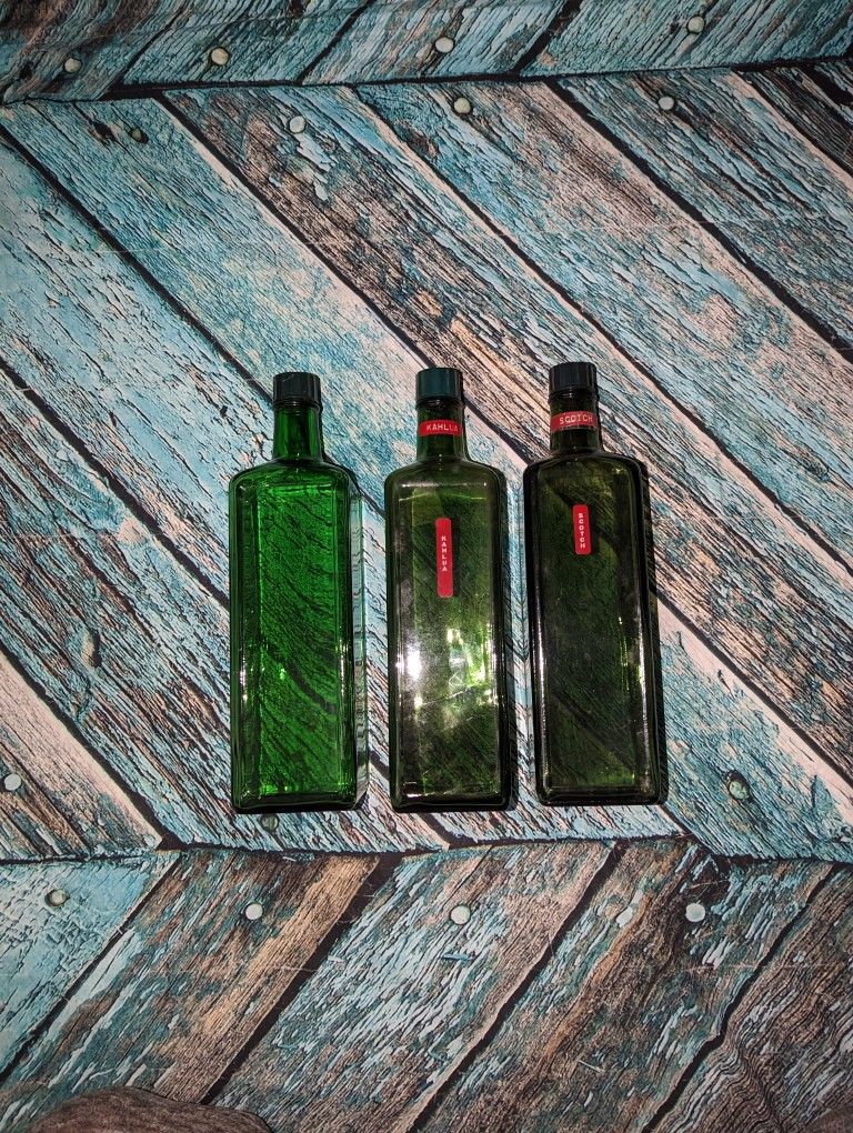 Antique Vintage Green Square Liquor Bottles With D Stampe
