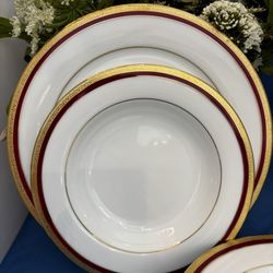 Gold And Red Rimmed Porcelain  Salad/soup And Dinner Plates