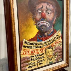 Vintage 1980’s wood framed oil on board “Weary Willie reads Wall Street” painting by William Persona