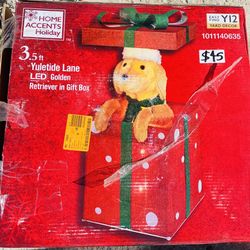 3.5' Yuletide Lane LED Golden Retriever Gift Box Holiday Christmas Yard Decorati