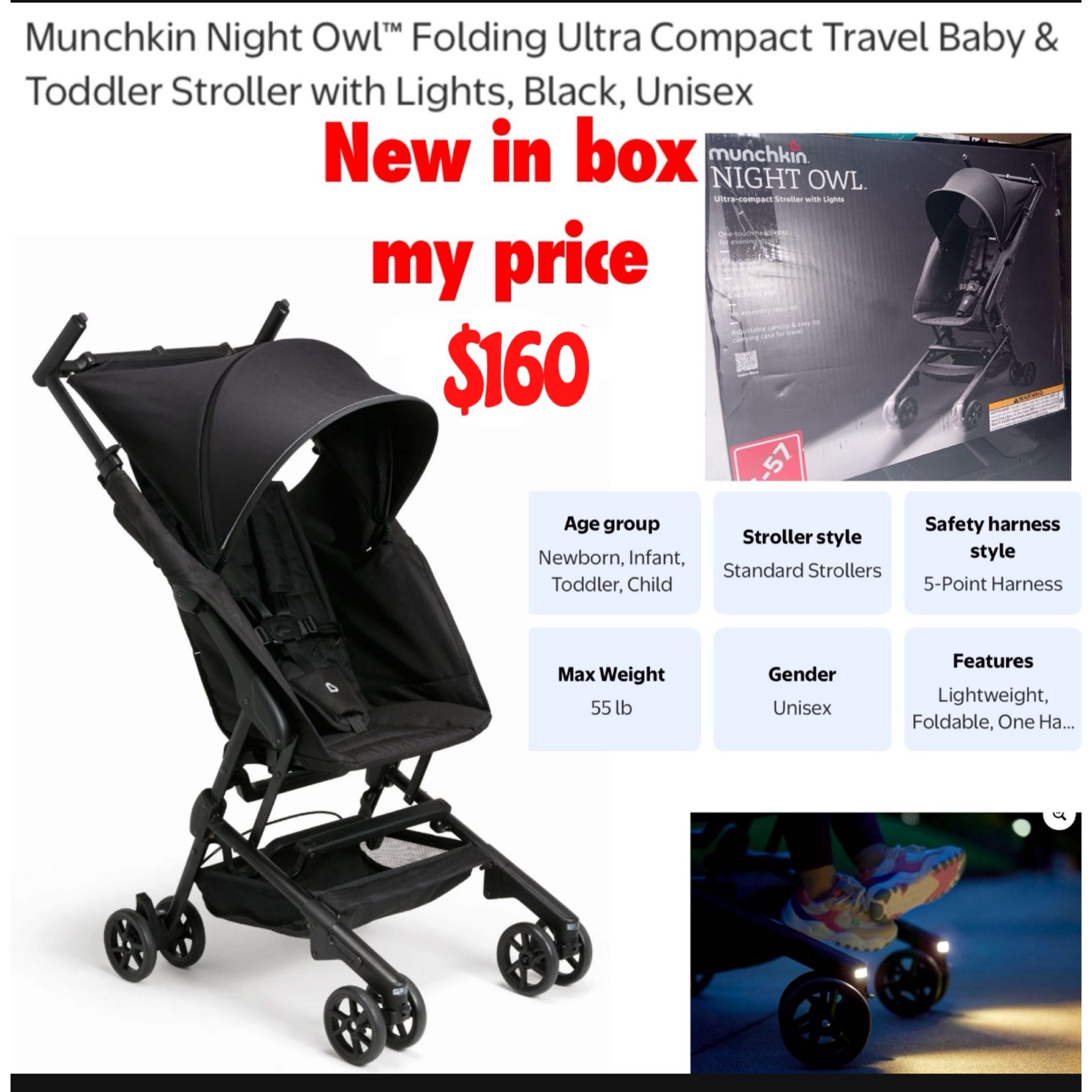 New sealed in box Munchkin® Night Owl™ Lightweight Travel Stroller with Wheel Lights, Ultra Compact Baby Stroller for Everyday Travel and Easy Storage