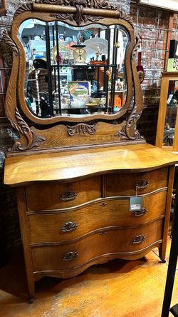 Antique Oak Serpentine Dresser with Mirror